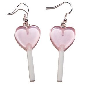 Lollipop Heart Earrings Pink Clear Resin Lightweight‎ Hypoallergenic 925